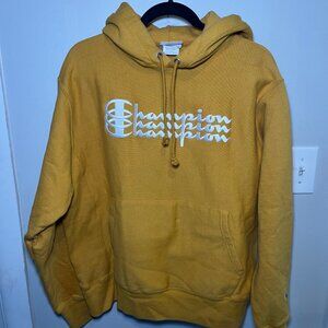 Champion Mustard Yellow Logo Hoodie | Unisex Large | Pullover Sweatshirt